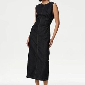 M&S Dark Indigo Denim Round Neck Ruched Midi Column Dress Womens 6